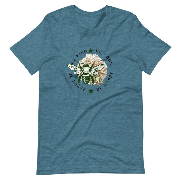 Motivational T-Shirt with the quote 'Be Kind Be Cool Be Happy Be Brave.' This blue shirt has a vintage look and is designed for a flattering fit on all genders.